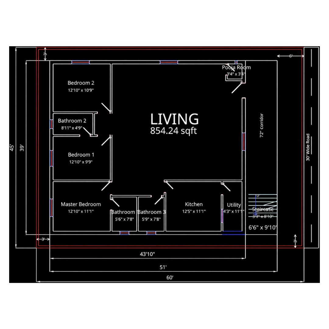 3 BHK, East Face — DXF For Architects