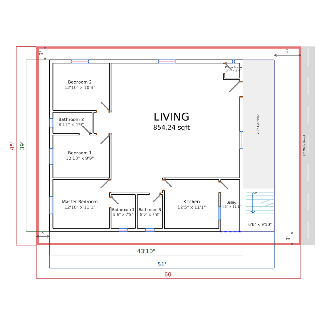 3 BHK, East Face — 2D Floor Plan