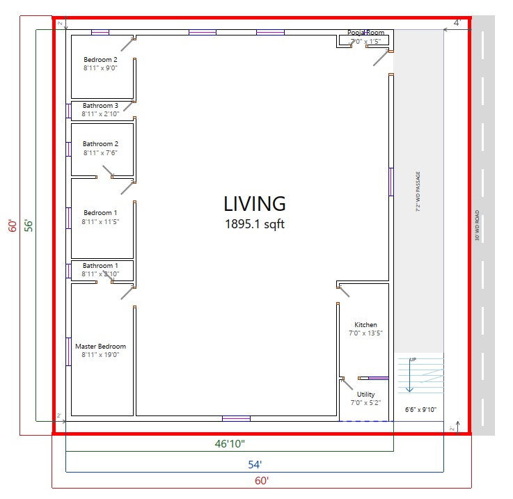 3 BHK, East Face — 2D Floor Plan